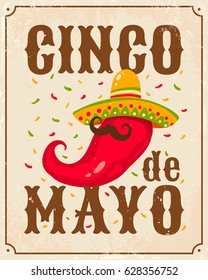 Vector vintage poster for Cinco de Mayo with chili pepper. Chili pepper in sombrero