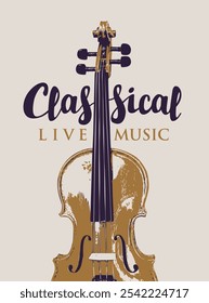 Vector vintage Póster de un concierto de música clásica en vivo. Anuncio de Vector, volante, invitación, boleto o Anuncio publicitario con violín