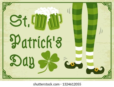 Vector vintage poster with clover and beer for Patrick's day. Green clover, foots and two beer mugs.
