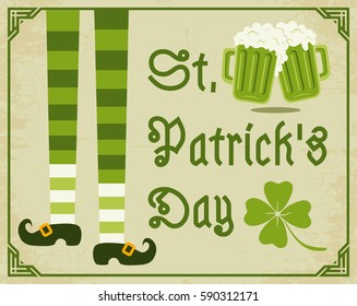 Vector vintage poster with clover and beer for Patrick's day. Green clover, foots and two beer mugs.