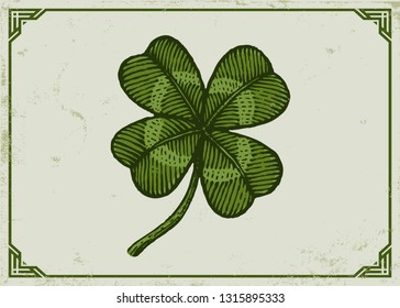 Vector vintage poster with clover for Patrick's day. Vintage green lucky clover on old paper in engraving style.