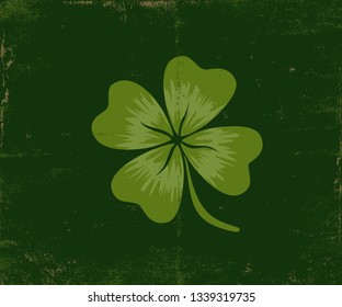 Vector vintage poster with clover for Patrick's day. Lucky clover on old dark green paper.