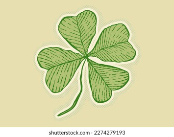 Vector vintage poster of clover for Patrick's day. Vintage green lucky clover with four leaf in hand drawing style.