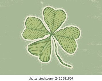 Vector vintage poster of clover for Patrick's day. Vintage green lucky clover with four leaf in hand drawing style.