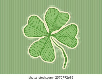 Vector vintage poster of clover for Patrick's day. Vintage green lucky clover with four leaf in hand drawing style.