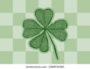 Vector vintage poster of clover for Patrick's day. Vintage green lucky clover with four leaf in hand drawing style. Shamrock.