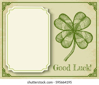 Vector vintage poster with clover for Patrick's day. Green clover on old paper and vintage frame