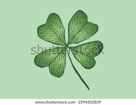 Vector vintage poster of clover for Patrick's day. Vintage green lucky clover with four leaf in hand drawing style. Lucky shamrock for Paddy's day.