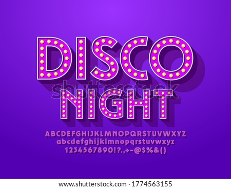 Vector vintage poster Disco Night with Violet Light Bulb Font. Elegant Lamp Alphabet Letters and Numbers