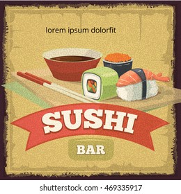 Vector vintage poster with emblem of sushi banners, traditional japan food. tamplate for cover or logo design. Illustrations with place for your text.