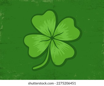 Vector vintage poster with four leaf clover for Patrick's day. Lucky clover on old dark green paper.