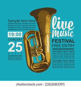 Vector vintage poster for good old jazz festival of live music with  wind instrument trumpet and inscriptions. Music banner, flyer, invitation, ticket in retro style