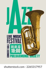 Vektor Vintage Poster für gutes altes Jazzfestival der Livemusik mit Wind Instrument Trompete und Inschriften. Musikbanner, Flyer, Einladung, Ticket im Retro-Stil