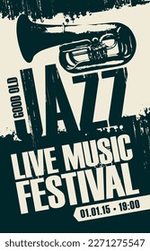 Afiche vectorial vintage para un antiguo festival de jazz de música en vivo con trompeta de instrumentos eólicos e inscripciones. Banner musical, volante, invitación, entrada al estilo retro