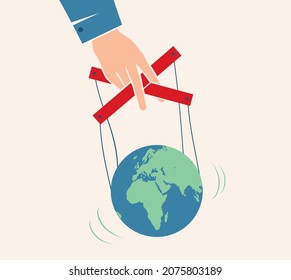 Cartel vectorial vintage con la mano controla la Tierra como una marioneta. Control mundial.