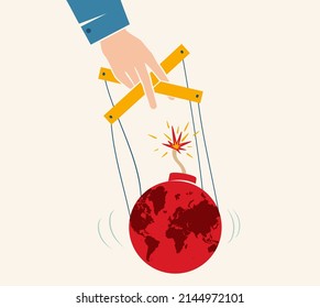 Vector vintage poster with hand controls Earth like a puppet. World control. World like bomb. Stop war. No war.