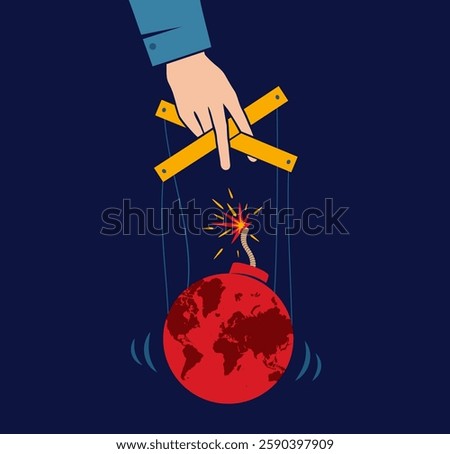Vector vintage poster with hand controls Earth like a puppet. World control. World like bomb. Stop war. No war.