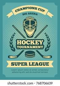 Vector vintage poster of hockey championships. Banner hockey game, competition tournament illustration