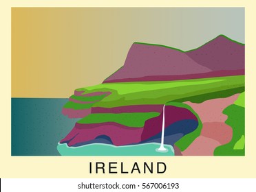 a vector vintage poster of Irish landscape of the sea shore with cliffs, hills and waterfall; a retro flat illustration of Ireland; perfect for traveling posters; blogs; banners; advertising;