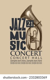 Vector vintage poster for jazz concert of live music with  wind instrument trumpet and inscriptions. Music banner, flyer, invitation, ticket in retro style