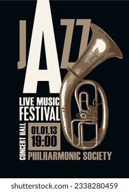 Vektor Vintage Poster für Jazzkonzert mit Livemusik mit Wind Instrument Trompete und Inschriften. Musikbanner, Flyer, Einladung, Ticket im Retro-Stil