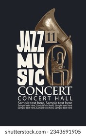 Vector vintage poster for jazz concert of live music with  wind instrument trumpet and inscriptions. Music banner, flyer, invitation, ticket in retro style