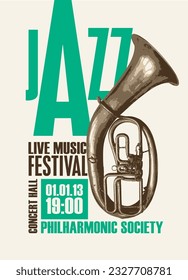 Afiche vectorial vintage para el festival de jazz de música en vivo con trompeta de instrumentos eólicos e inscripciones. Banner musical, volante, invitación, entrada al estilo retro