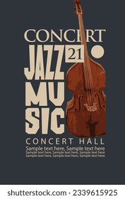 Vector vintage poster for jazz festival concert of live music with double bass, contrabass and inscriptions. Music banner, flyer, invitation, ticket in retro style