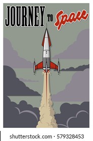 Vector Vintage Poster Journey to Space. Rocket Ship