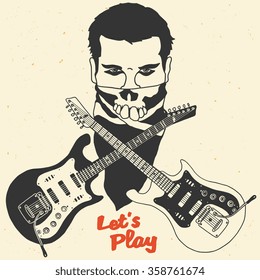 Vector vintage poster "Let's play" with rock man and guitar