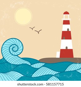Vector vintage poster with lighthouse, waves, sun and birds