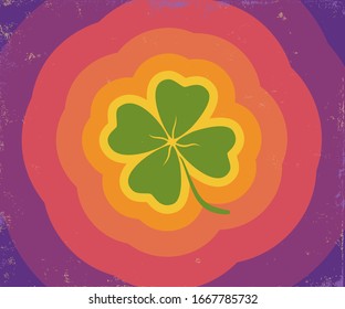 Vector vintage poster with lucky clover. Vector illustration of a lucky four leaf clover with rainbow lines in retro style.