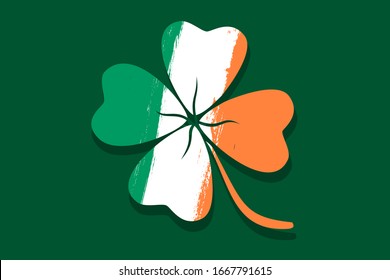 Vector vintage poster with lucky clover like Irish flag. Vector illustration of a lucky four leaf clover with flag of Ireland. Lucky clover poster.