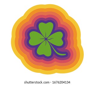 Vector vintage poster with lucky clover. Vector illustration of a lucky four leaf clover with rainbow lines in retro style. Lucky clover sticker.