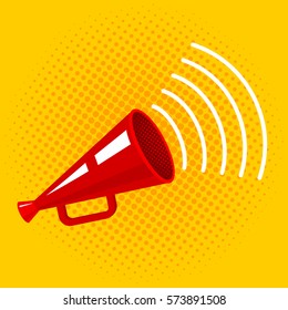 Vector vintage poster with megaphone on halftone background. Red megaphone on yellow background