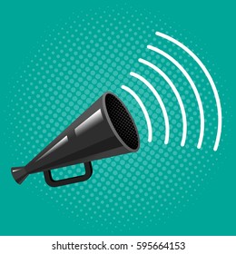 Vector vintage poster with megaphone on halftone background. Black megaphone on blue background