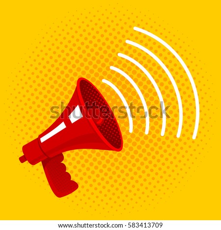 Vector vintage poster with megaphone on halftone background. Red megaphone on yellow background.
