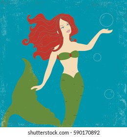 Vector vintage poster with mermaid and bubbles