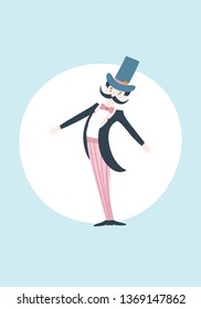 Vector vintage poster in the nursery. Magician, circus presenter, ringmaster, Sprechshtalmeister. Cartoon illustration in the Scandinavian style in pastel colors.