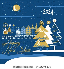 Afiche vectorial vintage con el casco antiguo, edificios, tren, niños y árbol de Navidad. para carteles de la Parte, tarjetas de felicitación o invitación o para otra impresión 