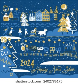 Vector vintage poster with old town, buildings, train, Children and Christmas tree. for Party poster, greeting or invitation card or for other print 