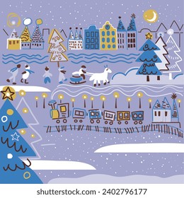 Vector vintage poster with old town, buildings, train, Children and Christmas tree. for Party poster, greeting or invitation card or for other print 