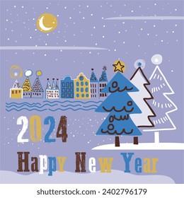 Vector vintage poster with old town, buildings, train, Children and Christmas tree. for Party poster, greeting or invitation card or for other print 