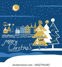 Vector vintage poster with old town, buildings, train, Children and Christmas tree. for Party poster, greeting or invitation card or for other print 