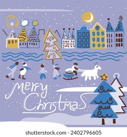 Vector vintage poster with old town, buildings, train, Children and Christmas tree. for Party poster, greeting or invitation card or for other print 