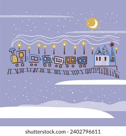 Vector vintage poster with old town, buildings, train, Children and Christmas tree. for Party poster, greeting or invitation card or for other print 