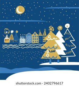 Vector vintage poster with old town, buildings, train, Children and Christmas tree. for Party poster, greeting or invitation card or for other print 