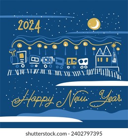 Vector vintage poster with old town, buildings, train, Children and Christmas tree. for Party poster, greeting or invitation card or for other print 