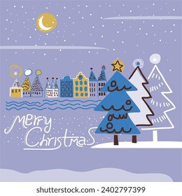 Vector vintage poster with old town, buildings, train, Children and Christmas tree. for Party poster, greeting or invitation card or for other print 