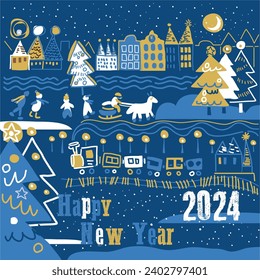 Vector vintage poster with old town, buildings, train, Children and Christmas tree. for Party poster, greeting or invitation card or for other print 